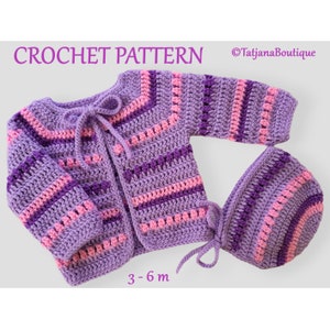 Crochet Pattern Baby Cardigan Bonnet, baby crochet girl lilac purple pink cardigan and bonnet pattern, crochet baby clothes pattern PDF #63