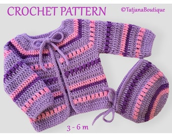 Crochet Pattern Baby Cardigan Bonnet, baby crochet girl lilac purple pink cardigan and bonnet pattern, crochet baby clothes pattern PDF #63