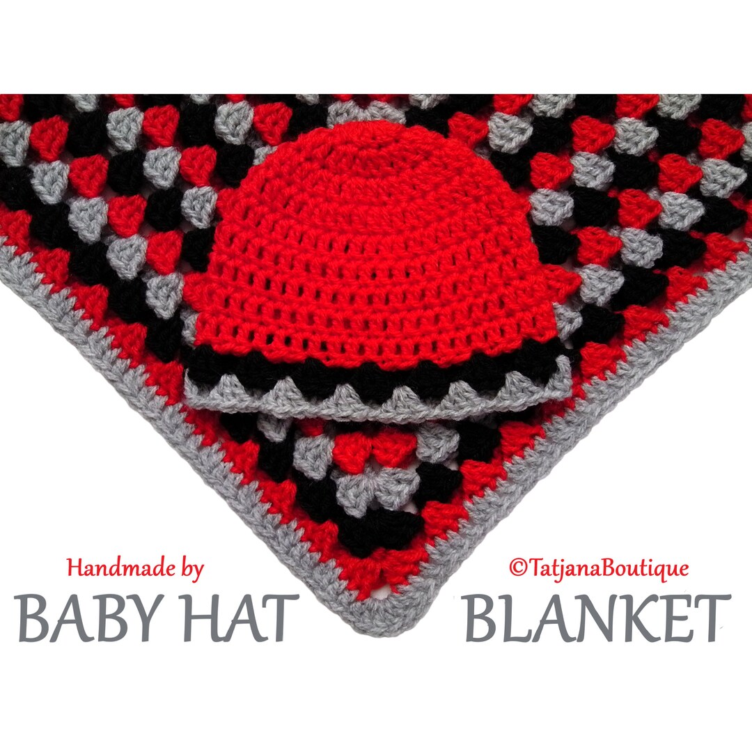 Crochet Baby Blanket and Hat Set, Grey Red Black Baby Blanket, Grey Red