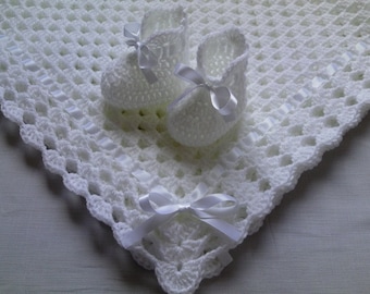 Crochet PATTERN Baby Blanket and Booties Set PDF file #12, Gift Baby Christening Baptism Baby White Afghan, baby shower