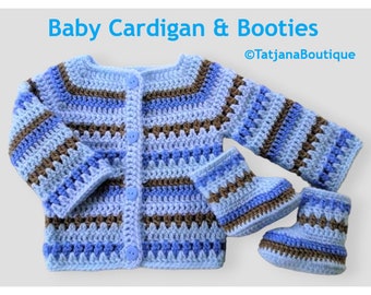 Crochet Baby Cardigan and Booties set, baby shower gift, baby blue light brown cardigan booties, baby clothes set, baby boy crochet clothes
