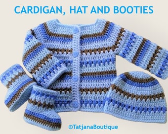 Crochet Baby Cardigan, Hat and Booties set, baby shower gift, baby blue light brown hat cardigan booties, baby clothes set, baby boy clothes