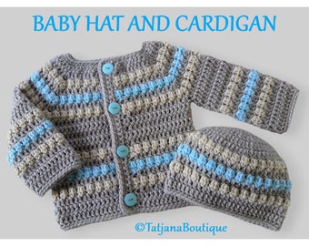 Crochet Baby Cardigan and Hat Set, grey beige turquoise baby cardigan hat, baby shower gift, baby crochet sweater and beanie, baby outfit