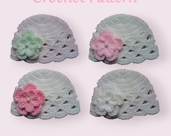 Patrón de gorro de bebé a crochet, diseño floral, PDF n.° 107