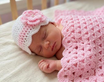 Crochet Baby Blanket and Hat Pattern, Flower Pearl Design, PDF #19