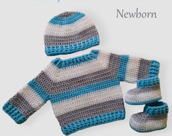 Crochet Baby Sweater, Hat and Booties set, baby shower gift, baby grey white turquoise hat jumper booties, newborn baby crochet clothes set