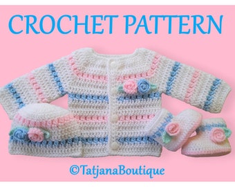 Crochet Pattern Baby Cardigan Hat Booties, baby cardigan crochet pattern, baby crochet hat booties pattern, crochet flower pattern, PDF #120