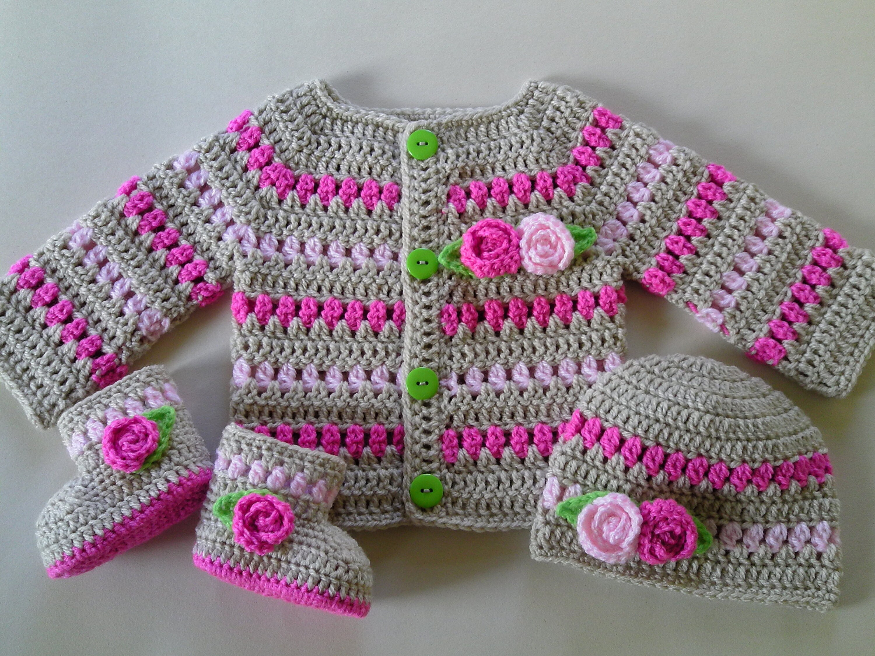 Crochet Baby sweater cardigan hat and booties set beige pink | Etsy