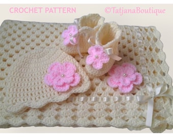 Crochet Pattern Baby Blanket, Hat and Booties, baby blanket crochet pattern, crochet baby blanket pattern, hat booties crochet pattern PDF24