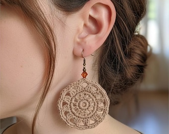 Crochet Boho Earrings, Antique Bronze Findings, Crystal Bead Accent