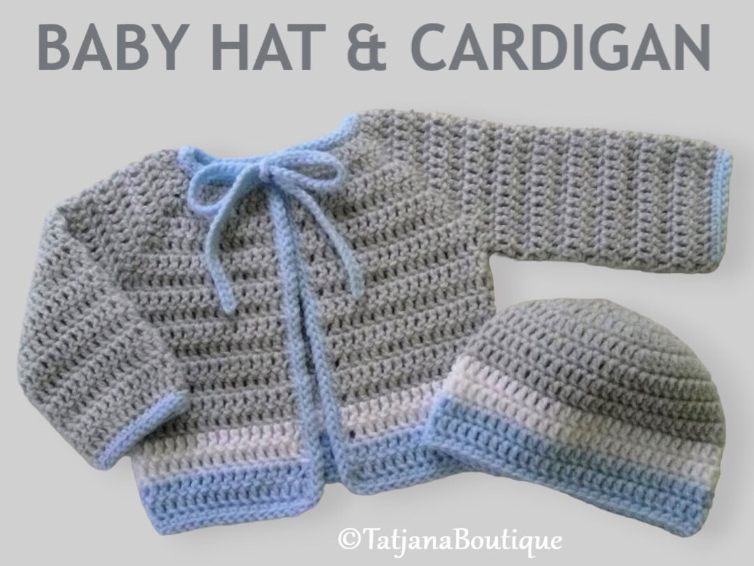 Crochet Baby Cardigan and Hat Set, Grey Blue White Baby Cardigan and
