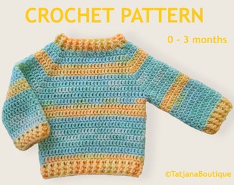 May include: Crochet pattern for a baby sweater in blue, yellow, and orange stripes. The pattern is for a sweater for a baby aged 0-3 months.