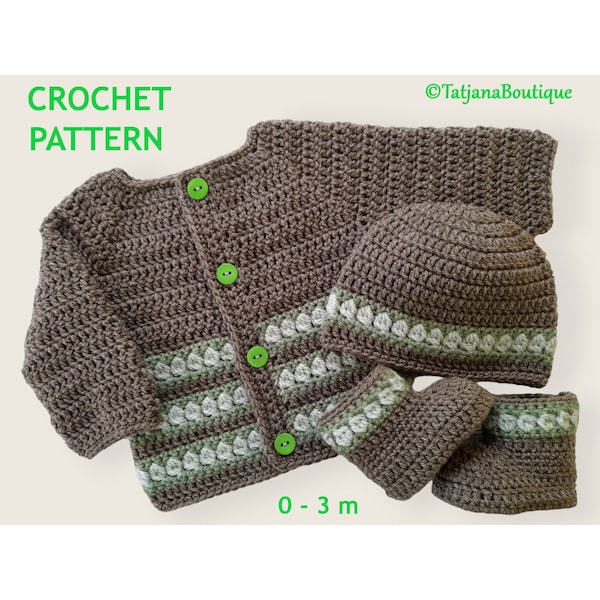 Crochet Pattern Baby Cardigan, Hat and Booties, crochet baby cardigan sweater hat shoes pattern, crochet baby clothes set pattern, PDF #131