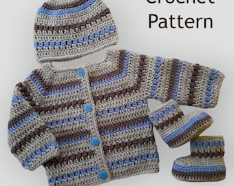 Modello per cardigan, cappellino e scarpine da neonato all'uncinetto, 3-6 mesi, PDF #199