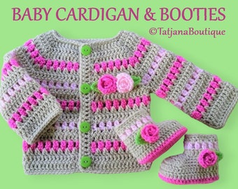 Crochet Baby Cardigan and Booties, baby gift beige pink green cardigan booties, crochet roses flowers, baby girl outfit, baby shower gift