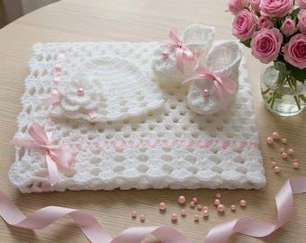 Crochet Baby Blanket, Hat and Booties Pattern, 0-3 Months, PDF #11