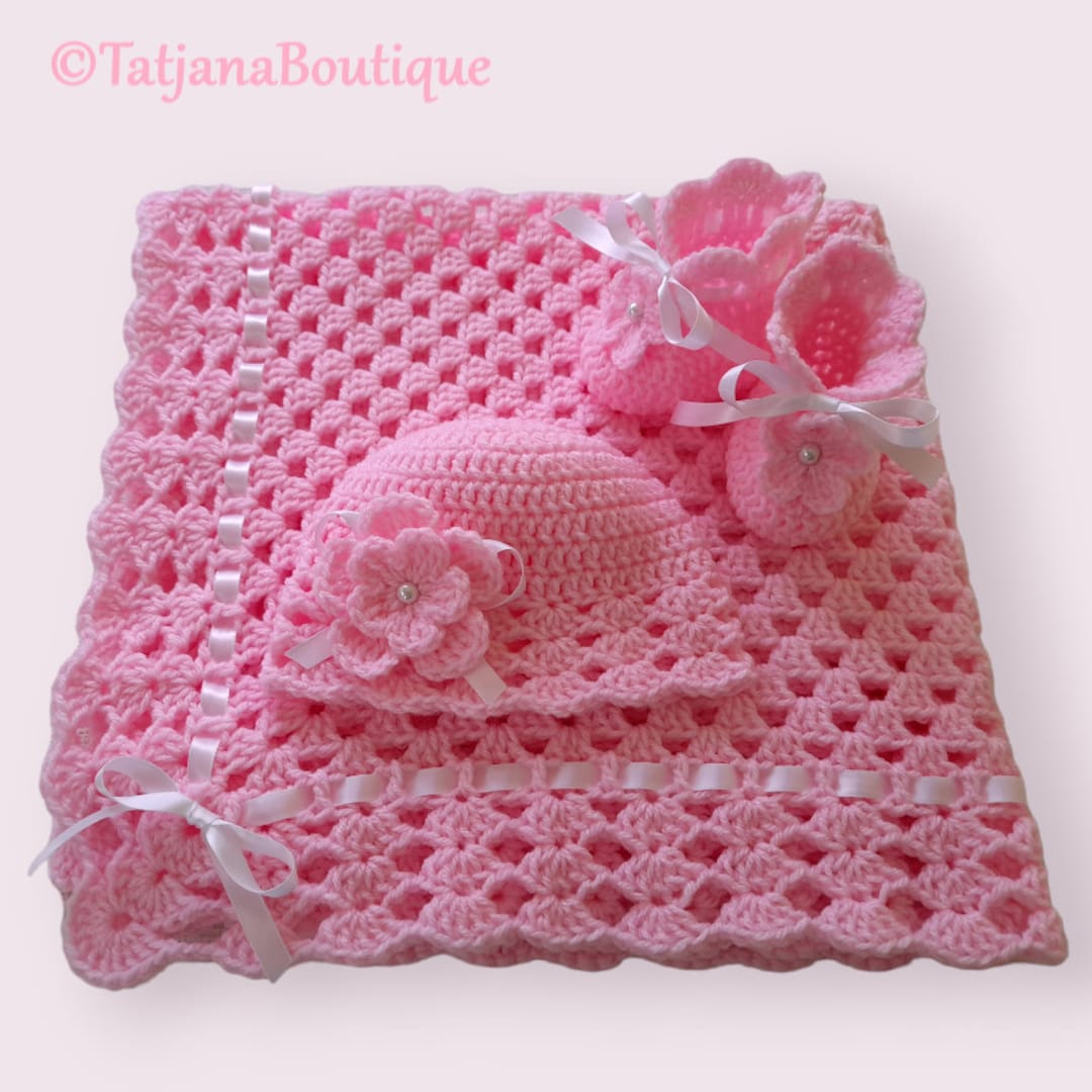 Crochet Baby Blanket, Hat and Booties Set, Pink Crochet Baby Hat and