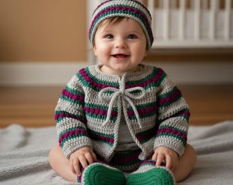 Modello per cardigan, cappellino e scarpine da neonato all'uncinetto, 6-12 mesi, PDF #130