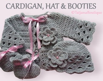 Crochet Baby Cardigan, Hat and Booties Set, baby gift crochet hat booties cardigan, crochet grey pink baby girl clothes, crochet baby outfit