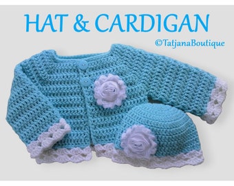Crochet Baby Hat and Cardigan set, turquoise white baby cardigan and hat, baby shower gift, photo prop, baby girl outfit with chiffon flower