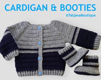 Crochet Baby Cardigan and Booties, grey navy baby cardigan and booties, baby shower gift, baby clothes navy grey crochet sweater and booties