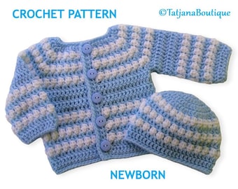 May include: A crochet pattern for a baby cardigan and hat set in blue and white stripes. The set is designed for a newborn baby.