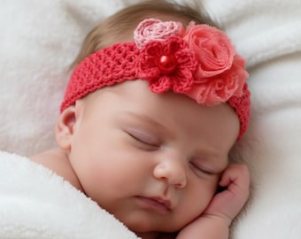Gehäkeltes Baby Stirnband, dehnbares Baby Stirnband, gehäkelte Blume, Baumwolle gehäkeltes Baby Stirnband, rosa Baby Stirnband mit Chiffon Blume.
