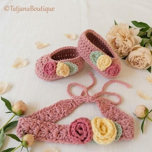Crochet Pattern Baby Headband and Ballerina Booties with Roses, PDF #72