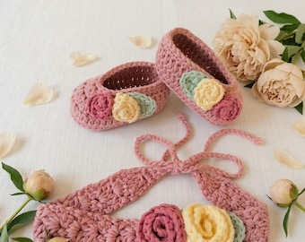 Crochet Pattern Baby Headband and Ballerina Booties with Roses, PDF #72