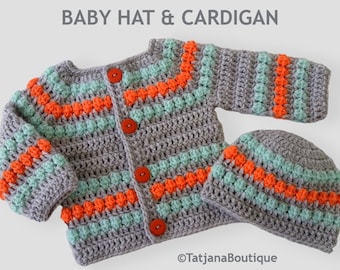 Crochet Baby Cardigan and Hat Set, grey mint orange baby cardigan and hat, baby shower gift, baby grey mint orange crochet sweater and hat