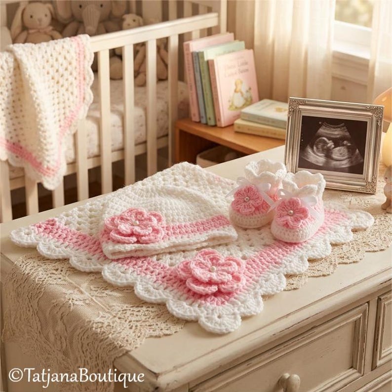 May include: A handmade baby set in white and pink, including a blanket, hat, and booties. The set features a floral design and is displayed with a framed ultrasound image, suggesting a baby shower or nursery theme.