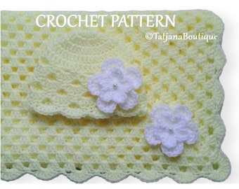 Crochet Pattern Baby Blanket and Hat, baby blanket crochet pattern, crochet baby blanket pattern, baby hat flower crochet pattern PDF #42