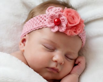Crochet Pattern Baby Headband, Cotton Flower and Pearl Bead, PDF #187