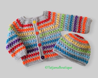 Rainbow Crochet Baby Hat and Cardigan, crochet kids clothes set, rainbow colours unisex baby crochet hat sweater cardigan size 3 - 6 months