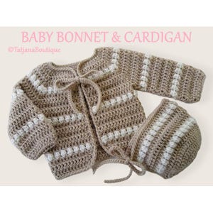Crochet Baby Cardigan and Bonnet, beige ivory baby cardigan and bonnet, baby shower gift, baby crochet clothes set, beige ivory baby bonnet