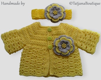 Crochet Baby Cardigan and Headband, baby yellow grey clothes set, grey yellow crochet cardigan and headband , baby girl shower gift