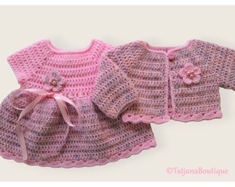 Crochet Baby Cardigan and Dress Set, baby gift pink cardigan and dress, crochet rose flowers, baby girl outfit, baby dress and cardigan.