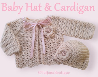 Crochet Baby Cardigan and Hat, baby clothes set, beige pink crochet cardigan and hat, crochet flowers, baby shower gift, beige baby clothes