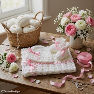 Crochet Pattern Baby Blanket, Hat and Booties, Satin Ribbon Details, PDF#5