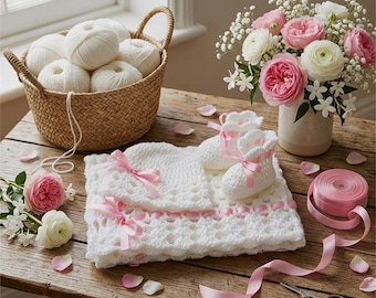 Crochet Pattern Baby Blanket, Hat and Booties, Satin Ribbon Details, PDF#5