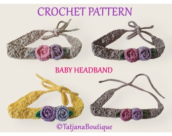 Crochet Pattern Baby Headband, crochet tie back pattern, cotton boho headband tutorial, baby gift, crochet flowers, photo prop PDF # 68