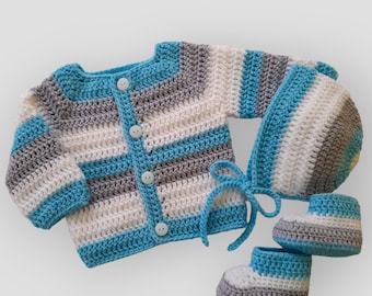 Crochet Baby Cardigan, Bonnet and Booties set, baby shower gift, baby grey white turquoise hat cardigan booties, baby crochet clothes set