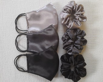 Masque facial en satin de soie, Scrunchie en satin, Masque facial en coton satiné lavable, Masque facial en satin silk gris noir, Satin Silk Grey Black Scrunchies UK