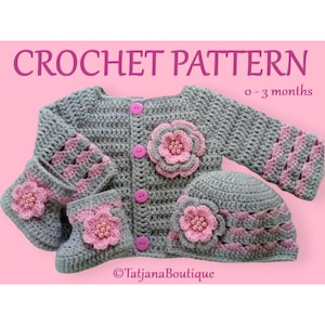 Crochet Pattern Baby Cardigan Hat Booties, baby crochet cardigan pattern, baby crochet hat booties pattern, crochet flowers pattern, PDF #95