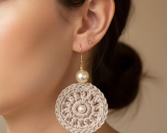 Beige Crochet Earrings, Pearl Bijouterie, Handmade Cotton Jewellery