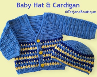 Crochet Baby Cardigan and Hat set, baby shower gift, baby blue yellow hat cardigan beanie, baby clothes set, baby boy crochet clothes set