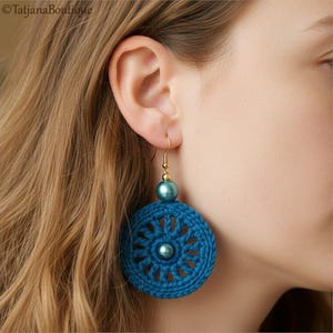 Handmade Crochet Earrings, Cotton Yarn, Pearl Beads, Teal Antique Gold Colour Findings