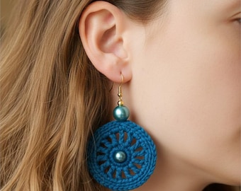 Handmade Crochet Earrings, Cotton Yarn, Pearl Beads, Teal Antique Gold Colour Findings