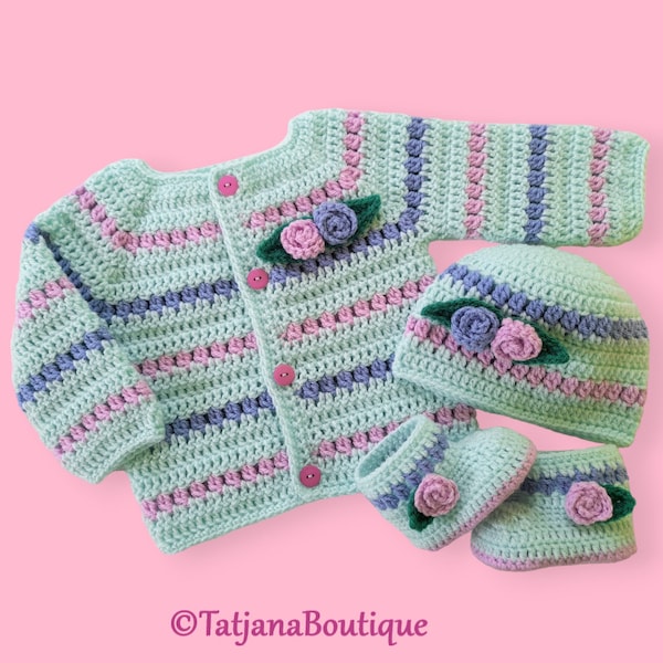 Gehäkelte Baby Strickjacke, Mütze und Booties, Baby Geschenk mint lila blau Strickjacke Mütze Booties, Häkelblume, Baby Mädchen Outfit, Baby-Dusche-Geschenk