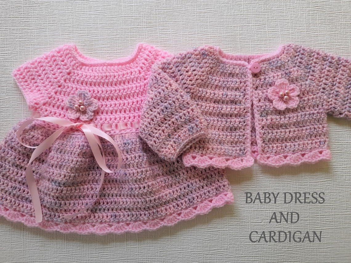 Crochet Baby Cardigan and Dress Set Baby Gift Pink Cardigan Etsy UK